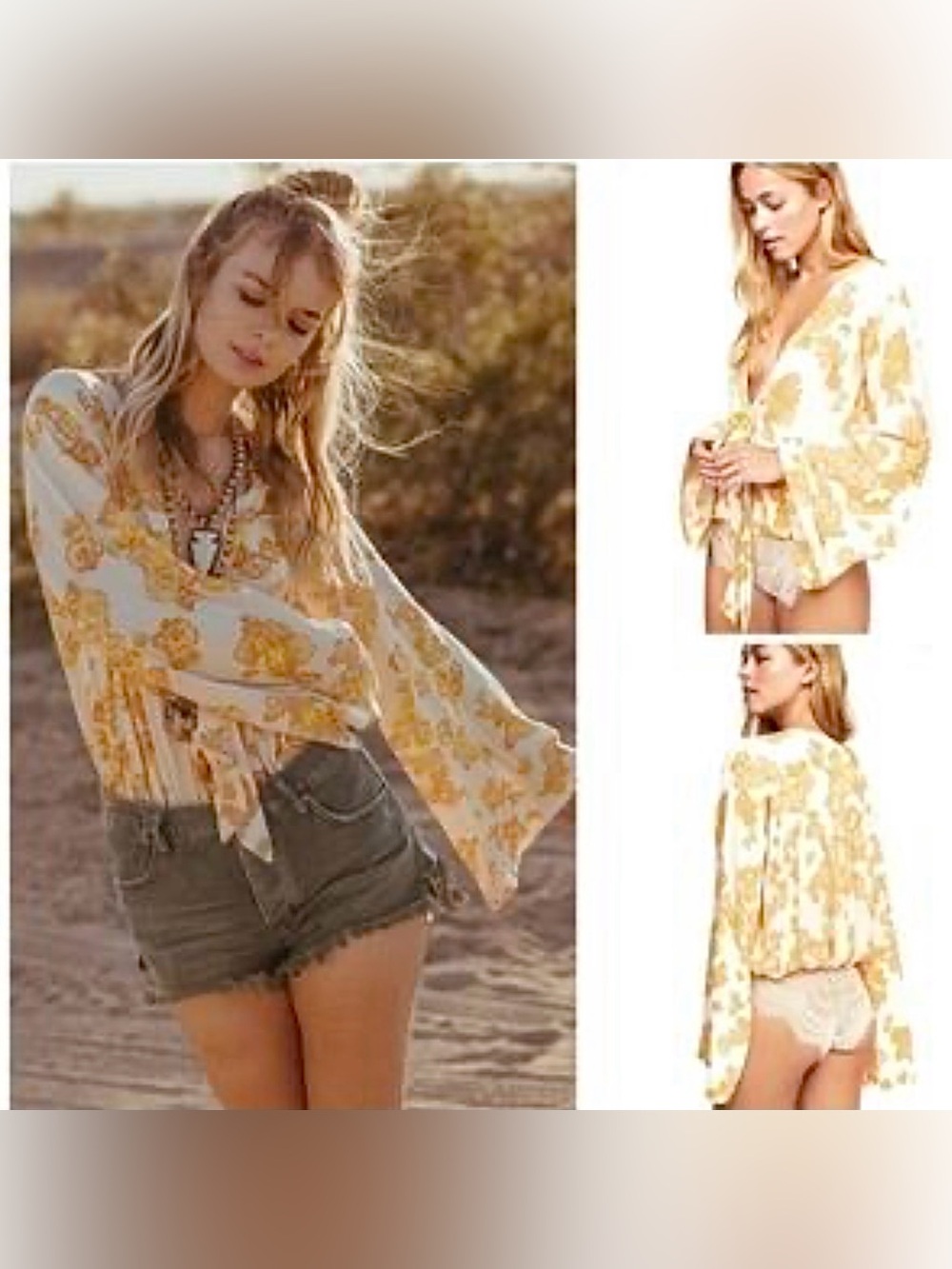 FREE PEOPLE Women's Floral Tie-Front Body Suit Blouse - Yellow/Cream Medium - Picture 17 of 17